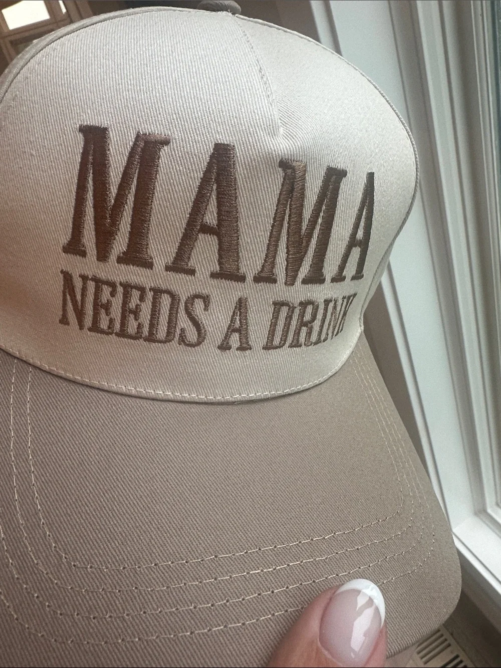 Mama Needs a Drink Embroidered Trucker Hat - Taupe & Cream